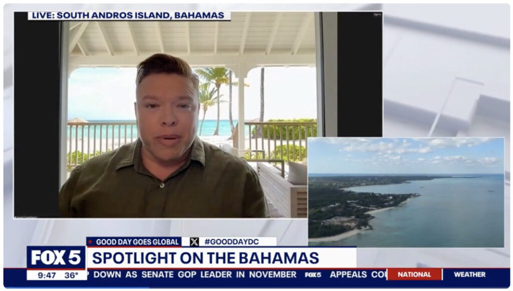 Fox 5 news shows a man on a video call from an oceanview porch at Caerula Mar Club, with an inset of the resort’s turquoise shoreline.