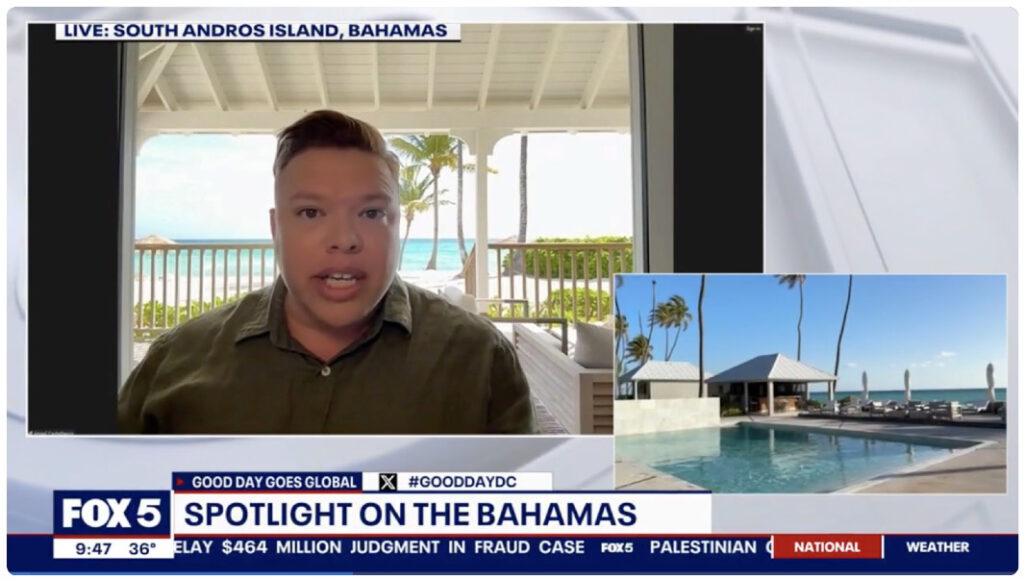 FOX 5 segment spotlights the Bahamas with a man on video call, Caerula Mar Club beach view inset, and news ticker below.