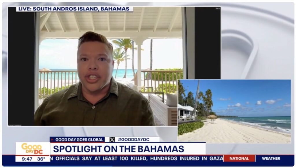 A person speaks in a virtual interview from a Caerula Mar Club oceanfront porch; inset shows the resort’s sunny South Andros beach.