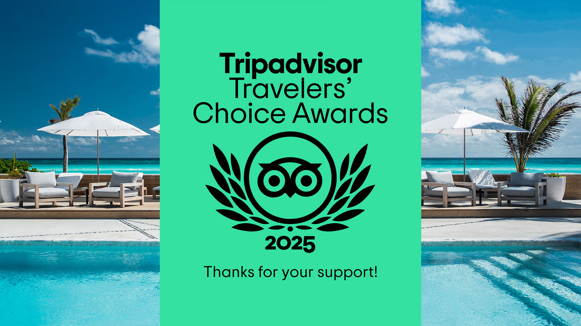 Tripadvisor 2025 Awards graphic over Caerula Mar Club’s elegant beach resort, turquoise ocean, and palm trees in South Andros.